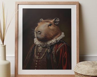 Capybara Renaissance Portrait Art Print, Whimsical Animal Poster