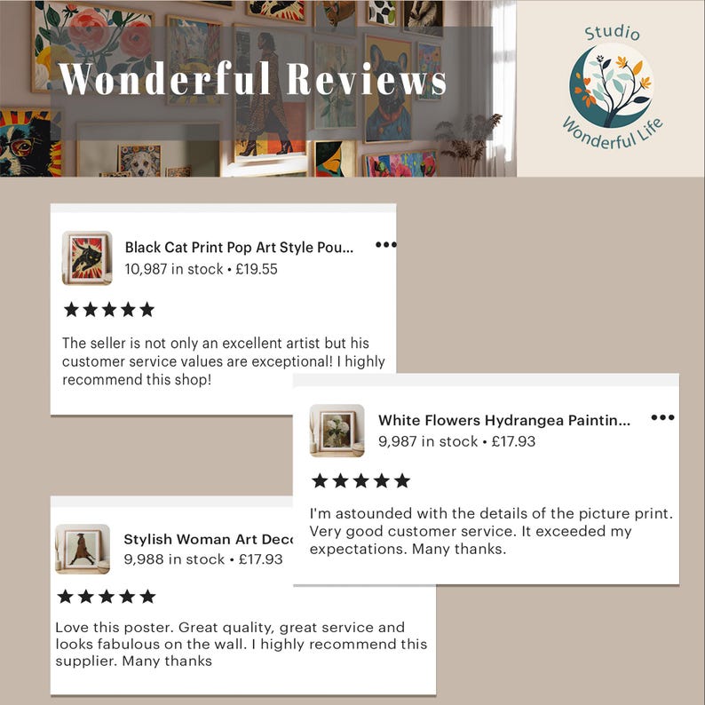 May include: Image showcasing customer reviews for art prints. The reviews are presented on white cards with text and star ratings. The top of the image displays the text "Wonderful Reviews" and a logo for "Studio Wonderful Life".