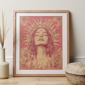 Arte murale per meditazione inspira espira, poster BoHo della dea del sole, regalo di affermazione consapevole per studio di yoga, citazione motivazionale femminile estetica rosa