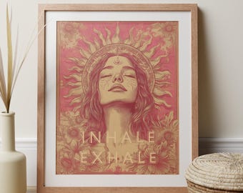 Inhale Exhale Meditation Wall Art, BoHo Sun Goddess Poster, Mindful Affirmation Gift For Yoga Studio, Female Motivation Quote Pink Aesthetic