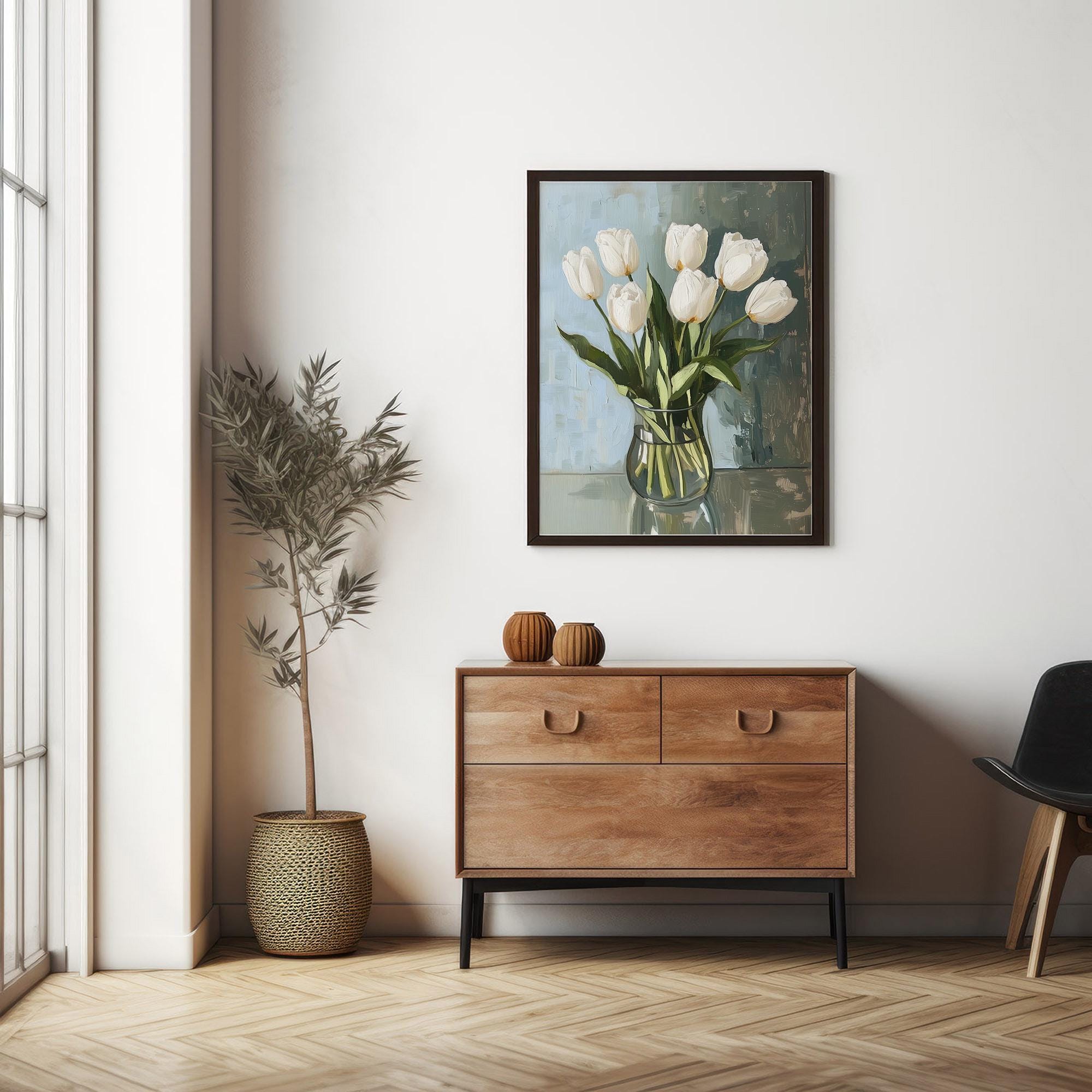 White Flowers Tulip Painting Print, Sophisticated Floral Art Victorian ...