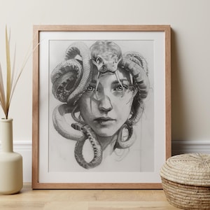 Medusa Kunstdruck, Bleistift Skizze Illustration der mächtigen Schlangenfrau, Gorgon Göttin griechischen Mythos, feministisches Geschenk für Liebhaber der dunklen Academia.