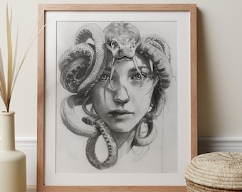 Medusa Kunstdruck, Bleistift Skizze Illustration der mächtigen Schlangenfrau, Gorgon Göttin griechischen Mythos, feministisches Geschenk für Liebhaber der dunklen Academia.
