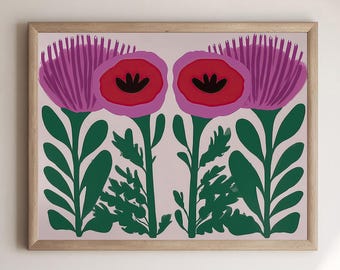 Floral Print Poppies And Thistles, Colourful Flower Art, Abstract BoHo Botanical Poster, Pink And Green Cottagcore Gift For Nature Lovers