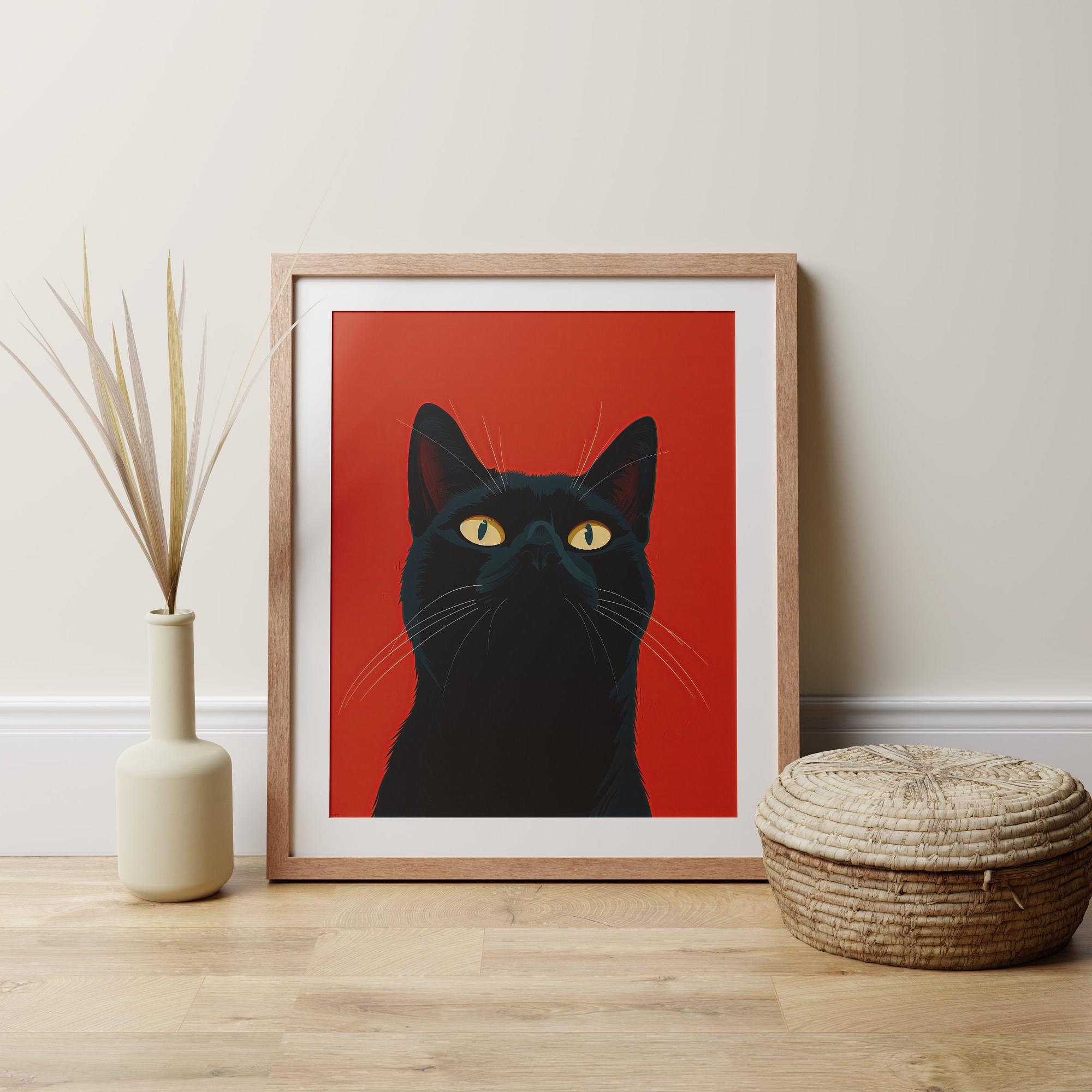Black Cat Print, Bold Red Modern Feline Wall Art, Vibrant Home Decor - Etsy