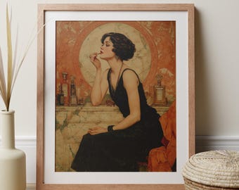 Art Deco-tryck med läppstift och kvinna, feminin väggkonst, porträtt med sminkdekoration