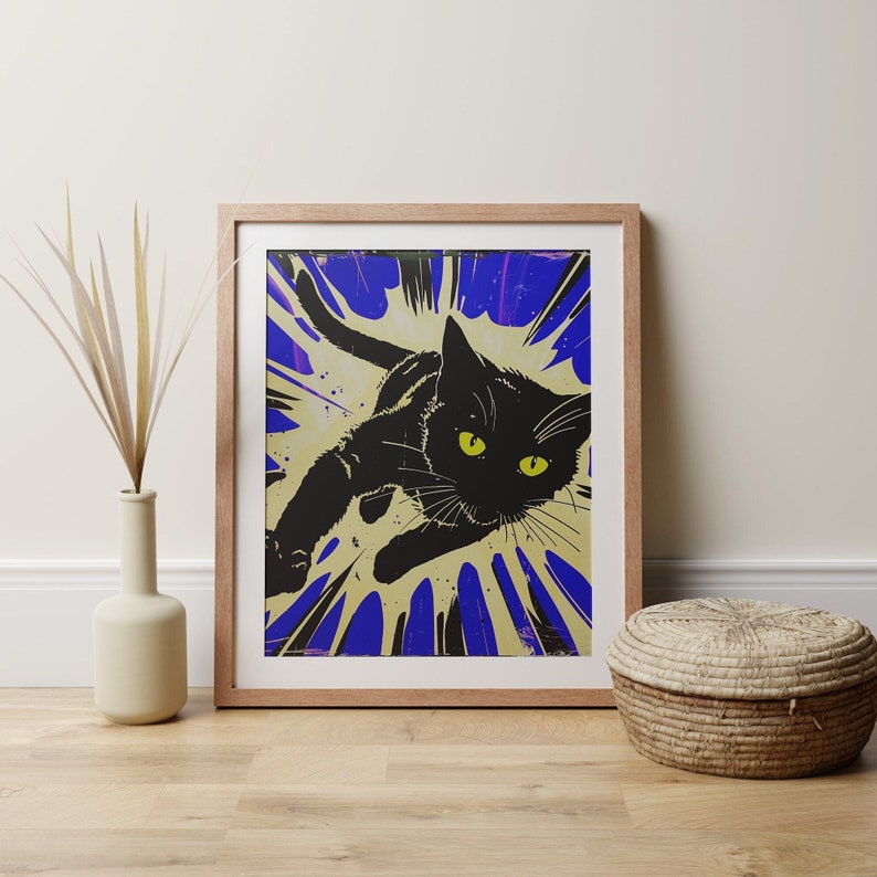 Black Cat Print Pop Art Style Pouncing Dynamic Cat Lover Wall Decor Picture Roy Lichtenstein Animal Poster Black Blue Modern Art Print Cat
