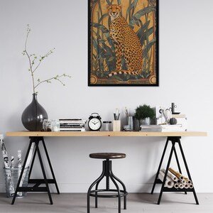 May include: A framed illustration of a cheetah sitting in a jungle setting. The cheetah is brown with black spots and is surrounded by green leaves and tall grass. The background is a light yellow color.