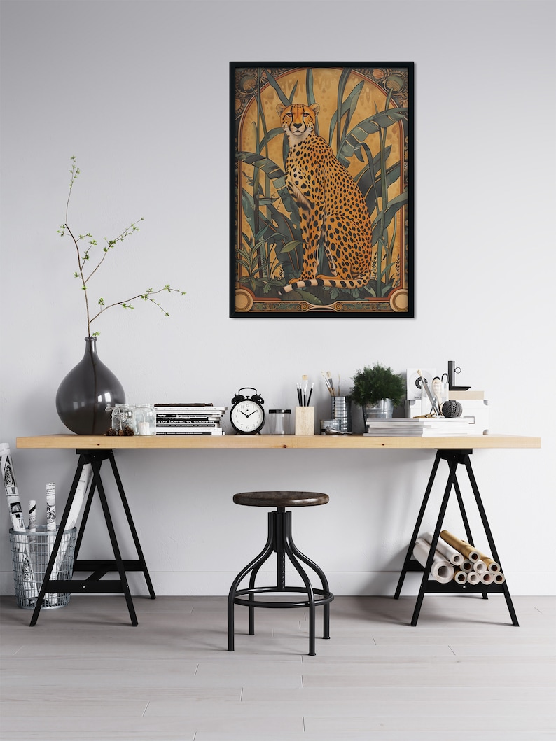 May include: A framed illustration of a cheetah sitting in a jungle setting. The cheetah is brown with black spots and is surrounded by green leaves and tall grass. The background is a light yellow color.