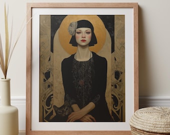 Cat Lady Art Deco Print, Woman Portrait With Grey Cat, Art Nouveau Living Room Decor, Mystical Art Gift, Moody Gothic Aesthetic Flapper Girl