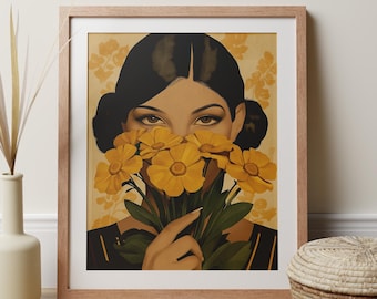 Female Portrait Art, Floral Woman Painting, Art Deco Fashionista Yellow Flowers, Mysterious Jazz Age Flapper Girl Trendy Bedroom Decor Gift