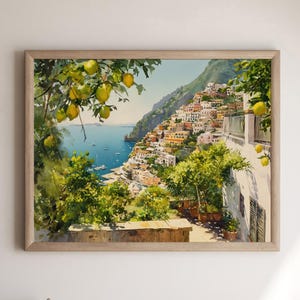Positano Italy Watercolor Print, Lemon Amalfi Coast Landscape Art Mediterranean Summer Travel Poster, Beach House Decor Living Room Art Gift