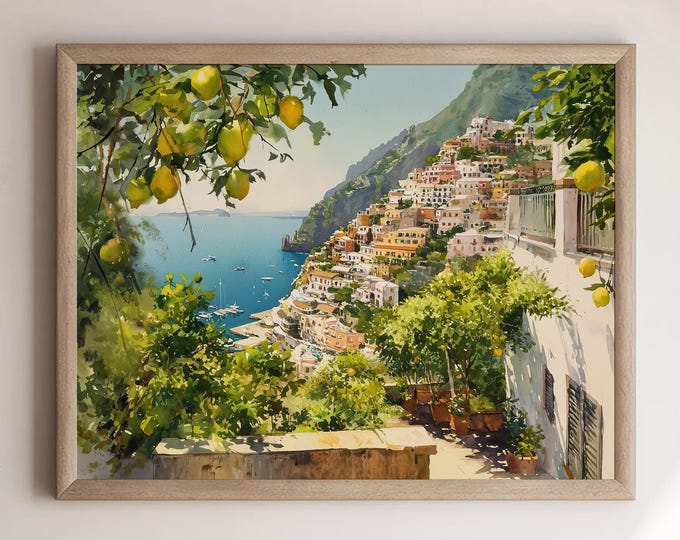 Positano Italy Watercolor Print, Lemon Amalfi Coast Landscape Art Mediterranean Summer Travel Poster, Beach House Decor Living Room Art Gift