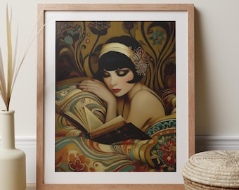 Woman Reading Art Deco Print, Flapper Girl Artwork, Book Nook Decor