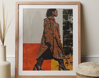Black Woman Fashion Wall Art Print, Stylish Confident African Fashionista In Cheetah Print, Pop Art Collage Apartment Decor Trendy Chic Gift