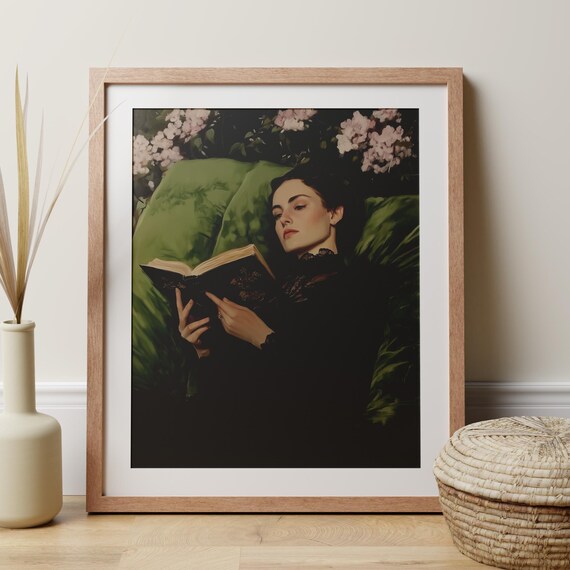 Victorian Woman Reading Book Print, Dark Academia Gothic Home Decor