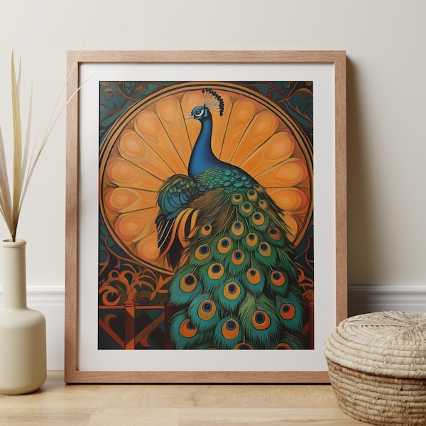 Stampa di pavone in stile Art Déco, decorazione murale nei toni oro e blu