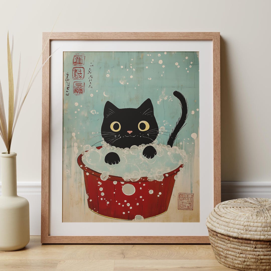 Japanese Cat Bathroom Art Print, Cute Kawaii Black Cat Nursery Decor ...