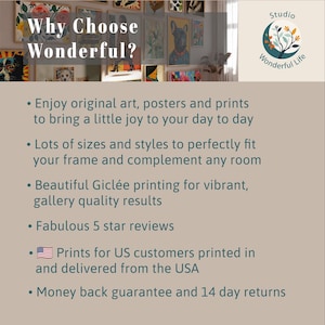 May include: A display of framed art prints with the text "Why Choose Wonderful?" and a logo. The text highlights original art, various sizes, Gicl&eacute;e printing, and 5-star reviews. The prints are delivered from the USA.