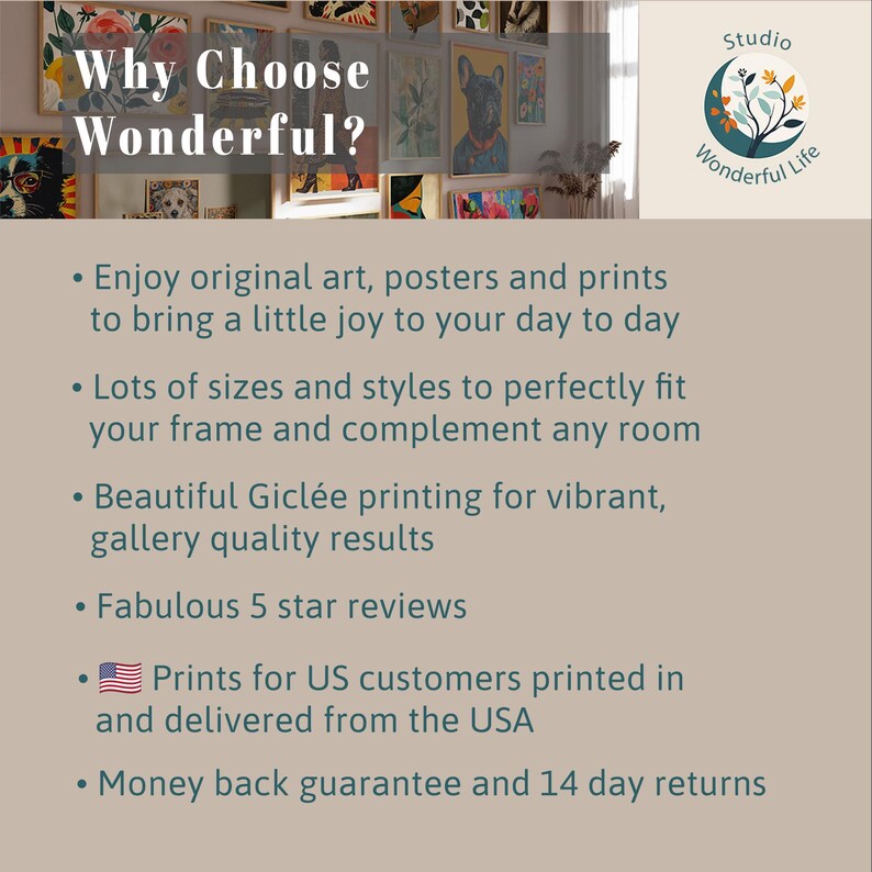 May include: A display of framed art prints with the text "Why Choose Wonderful?" and a logo. The text highlights original art, various sizes, Gicl&eacute;e printing, and 5-star reviews. The prints are delivered from the USA.