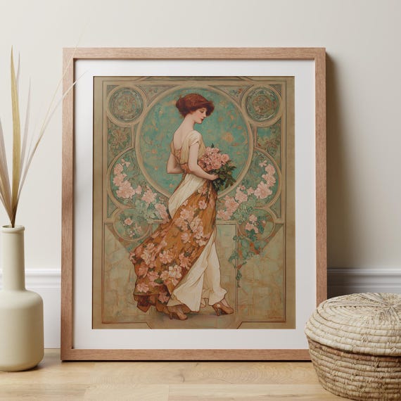Art Nouveau Woman And Roses Print, Feminine Wall Art, Art Work For Living Room