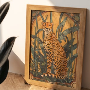 May include: A framed print of a cheetah sitting in a jungle setting. The cheetah is brown and black with spots. The background is a yellow and green jungle scene with leaves and plants.