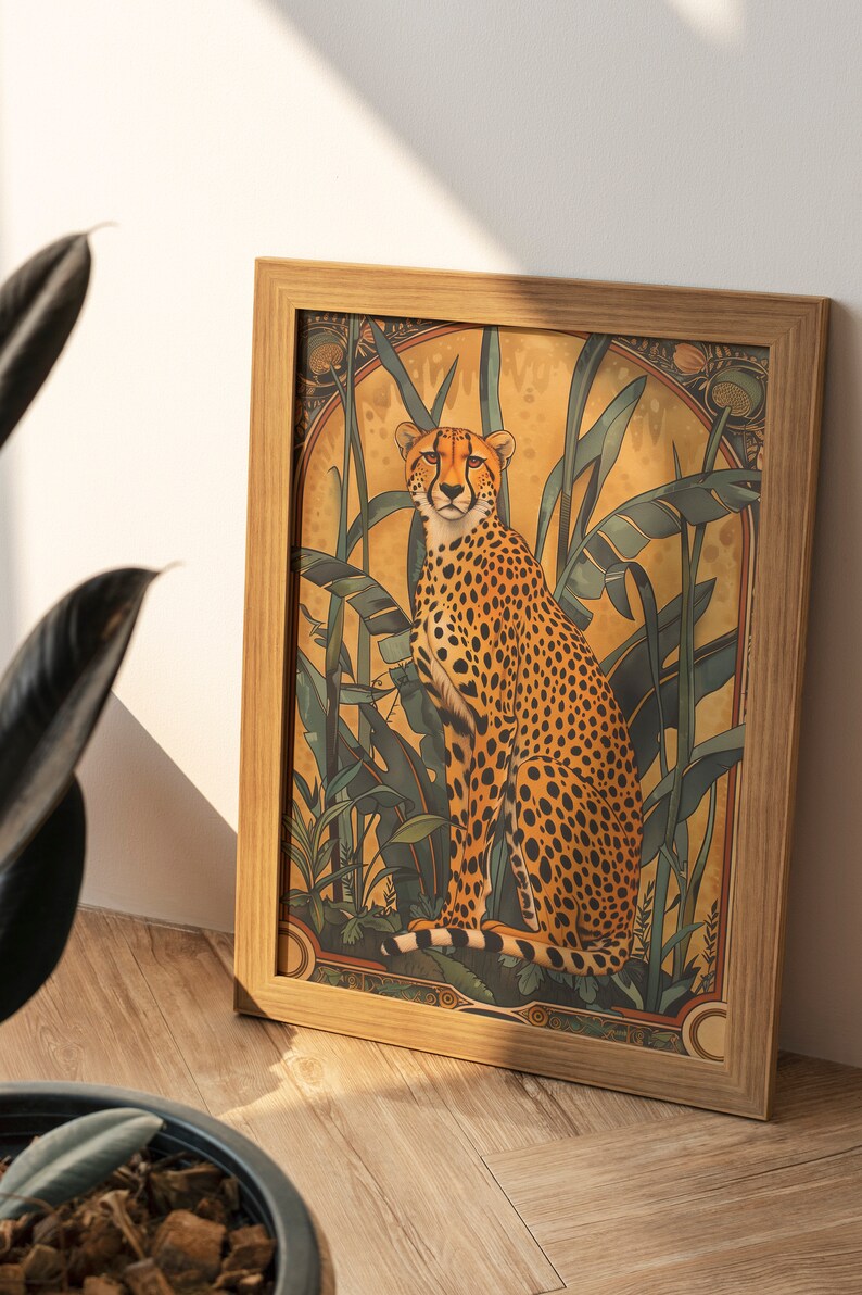 May include: A framed print of a cheetah sitting in a jungle setting. The cheetah is brown and black with spots. The background is a yellow and green jungle scene with leaves and plants.