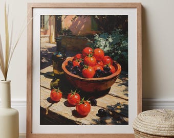 Tomato Art Print, Vintage Still Life Olives, Italian Mediterranean Kitchen Decor
