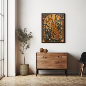 May include: A framed illustration of a cheetah sitting in a jungle setting. The cheetah is brown and black with a white chest and belly. The background is a yellow and green jungle scene with tall grass and leaves.