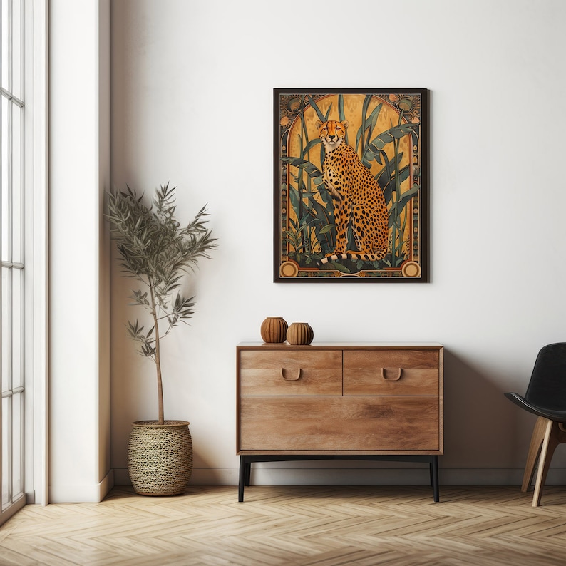 May include: A framed illustration of a cheetah sitting in a jungle setting. The cheetah is brown and black with a white chest and belly. The background is a yellow and green jungle scene with tall grass and leaves.