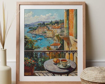 Puede incluir: Una pintura enmarcada de un balcón con vistas a una bahía con edificios y barcos coloridos. Una mesa con una taza de té y un pastel está en el balcón.