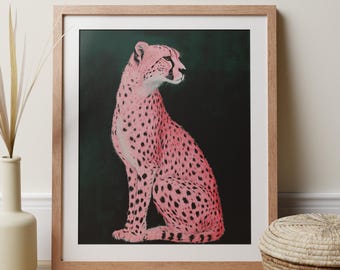 Pink Cheetah On Green Art Print, Maximalist Wall Art Decor, Trendy Animal Decor, Dorm Room Or Living Room, Dark Green Print Jungle Artwork