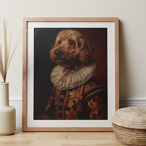 Stampa del ritratto di un adorabile cane nobile Labradoodle rinascimentale, regalo regale per mamme e papà amanti dello scarabocchio, opera d'arte modificata con testa di animale in stile vintage.