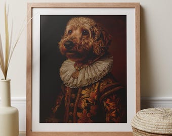 May include: A framed portrait of a brown dog wearing a white lace collar and a gold and brown patterned jacket. The dog has a serious expression and is looking to the left.