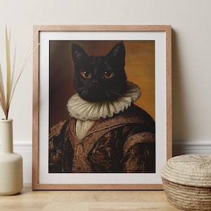 Stampa di un ritratto di gatto nero rinascimentale, arte di animali domestici reali, stile antropomorfo stravagante, regalo originale per la decorazione murale per gli amanti dei gatti.