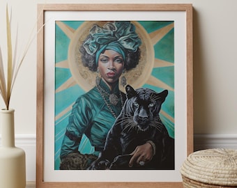 African Woman Art, Black Panther Print, Black Power Goddess Poster