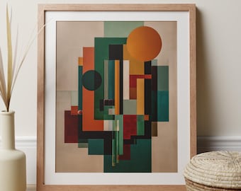 May include: Abstract geometric art print in a wooden frame. The artwork features a composition of overlapping shapes in shades of green, orange, red, and black, with a large orange circle. The print is displayed on a beige background.