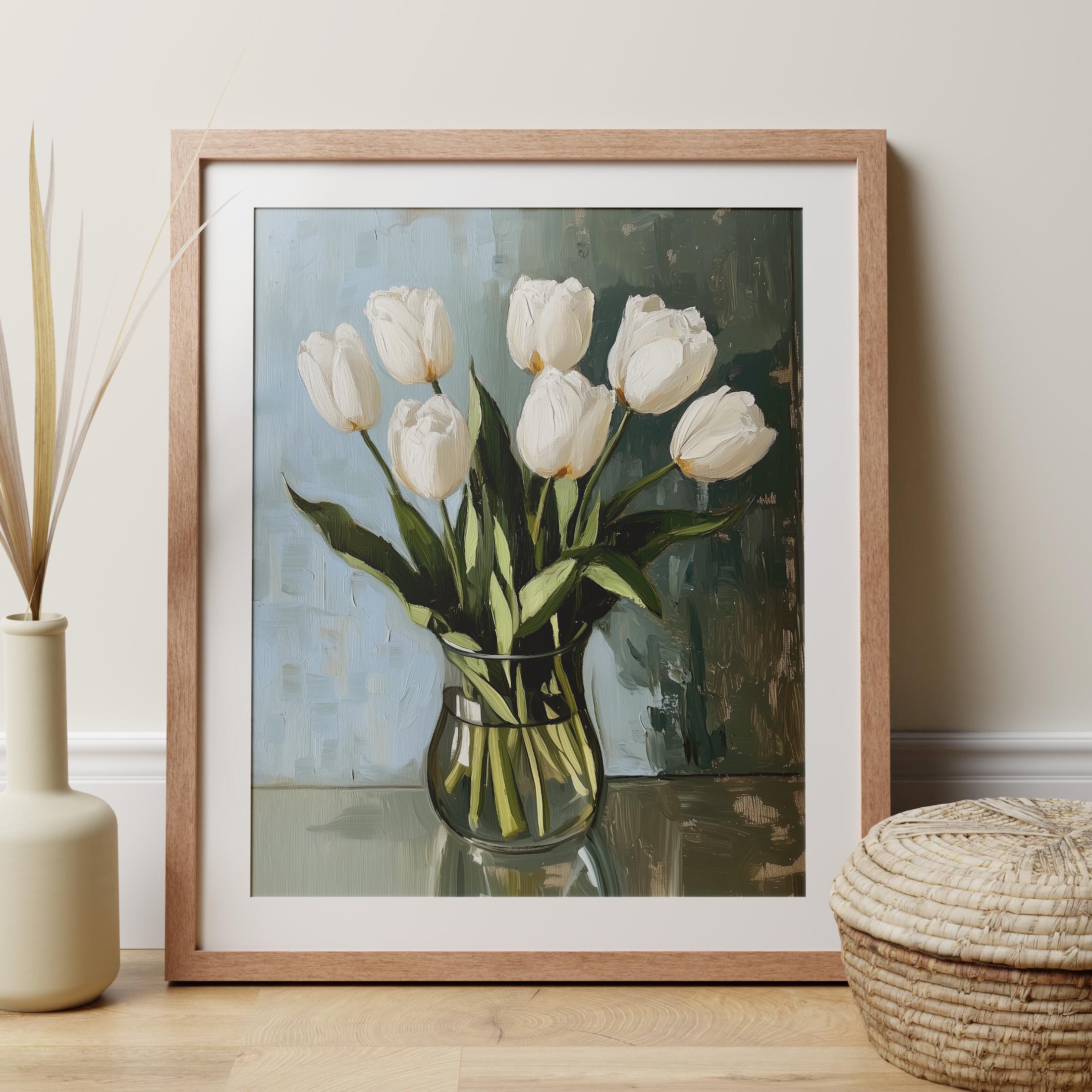 White Flowers Tulip Painting Print, Sophisticated Floral Art Victorian ...