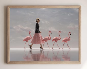 Pink Flamingo Wall Art, 1920s Woman With Flamingos Print, Exotic Bird Painting