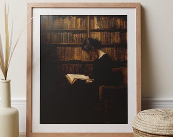 Young Woman Bookworm Dark Academia Print, Librariancore Wall Art, Gothic Literature Aesthetic, Reading Nook Library Decor, Book Lover Gift