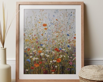 Wildflower Meadow Art Print, Colourful Spring Flowers Artwork, Botanical Decor