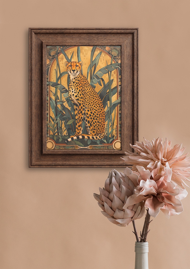 May include: A framed print of a cheetah sitting in a jungle setting. The cheetah is brown and black with spots. The background is green and yellow with leaves and flowers.