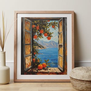 May include: A framed painting of an open window with a view of a blue ocean and mountains. The window is surrounded by a green tree with orange fruit hanging from the branches.