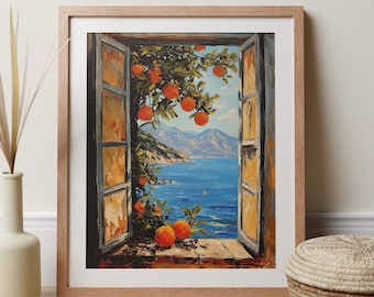 Summer Print Matisse Wall Art, Open Window With Oranges, Mediterranean Sea View Coastal Home Decor, Italian Greek Island Fauvist Poster Gift