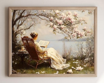Victorian Woman Reading By Lake Wall Art, Lady With Book Magnolia Tree Painting, Dreamy Cottagecore Bookworm Print Romantic Literature Gift