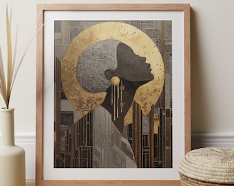 Art Deco Goddess African Wall Art, Gold Mosaic Black Woman Portrait Print, Modern Luxury Home Decor