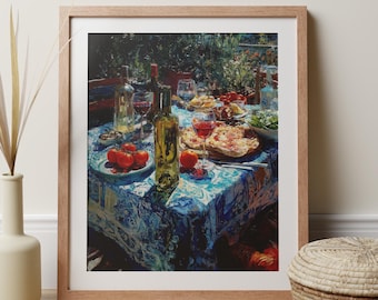 Mediterranean Food Kitchen Wall Art, Italian Al Fresco Dining Print, Pizza Wine Impressionist Painting, Tuscan Dolce Vita Dining Room Decor