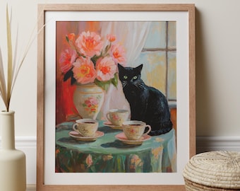 Black Cat Print With Coffee And Pink Flowers, Shabby Chic Elegant Kitten And Peonies, Cat Lover Gift, Cozy Cottagecore Pastel Painting Decor