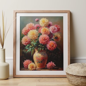 Impresión de pintura de dalia con arte de pared floral en rosa, amarillo y melocotón, jarrón vintage de estilo impresionista moderno, idea de regalo para jardín botánico de sala de estar