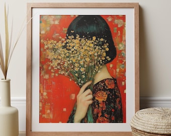 Woman With Flowers Print, Portrait Of Flapper Girl With Yellow Floral Bouquet, Klimt Style Art Nouveau Poster, Quirky Living Room Wall Art